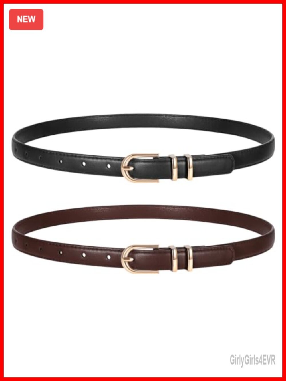 Faux Leather Skinny Belts for Women 2 Pack Thin Belt with Gold Buckle